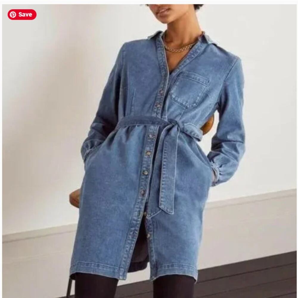 Boden Denim Shirt Dress US 6R Blue Tie Waist Button Front Mini Casual